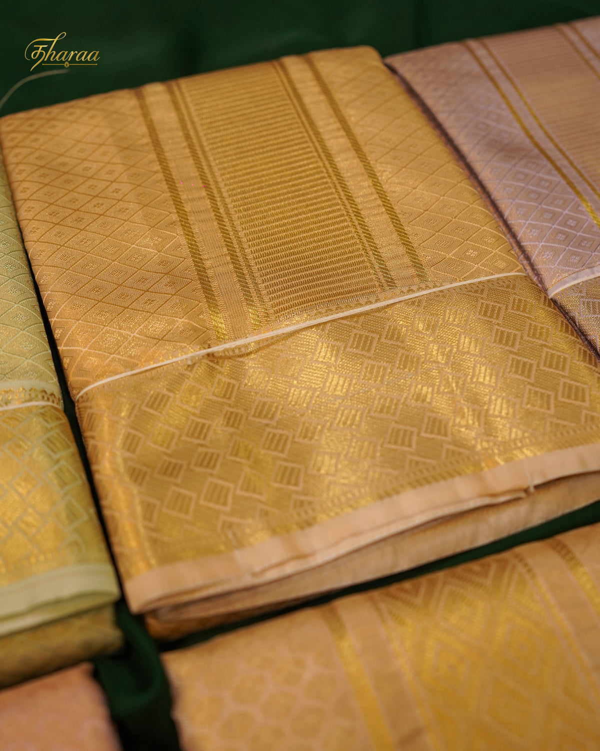 HEMAVARMAN dhoti is crafted from semi-silk fabric with a gold border and embossed design, combining durability and traditional aesthetics. Its semi-silk composition provides a balanced texture and sheen, suitable for formal occasions. The gold border enhances visual appeal while maintaining structural